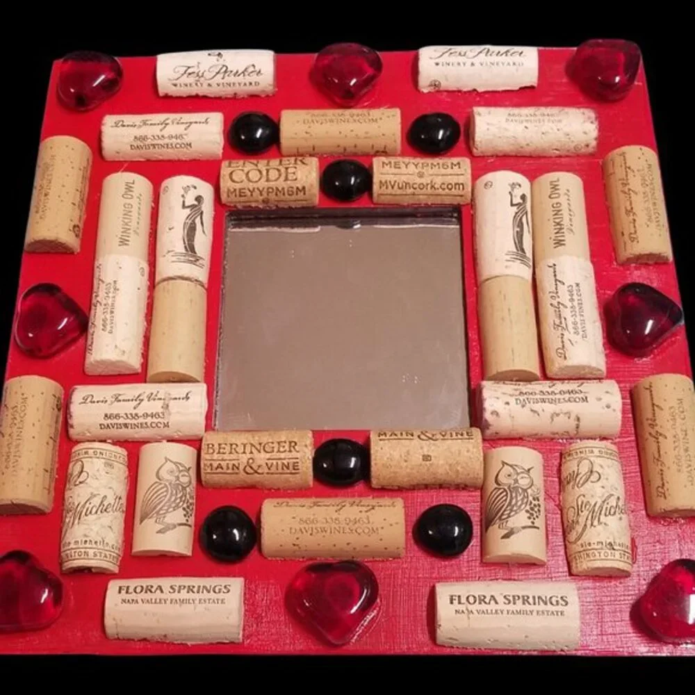 Red Heart and Red Glass Cabochons Mirror Decor with Wine Cork-NWT-Handmade